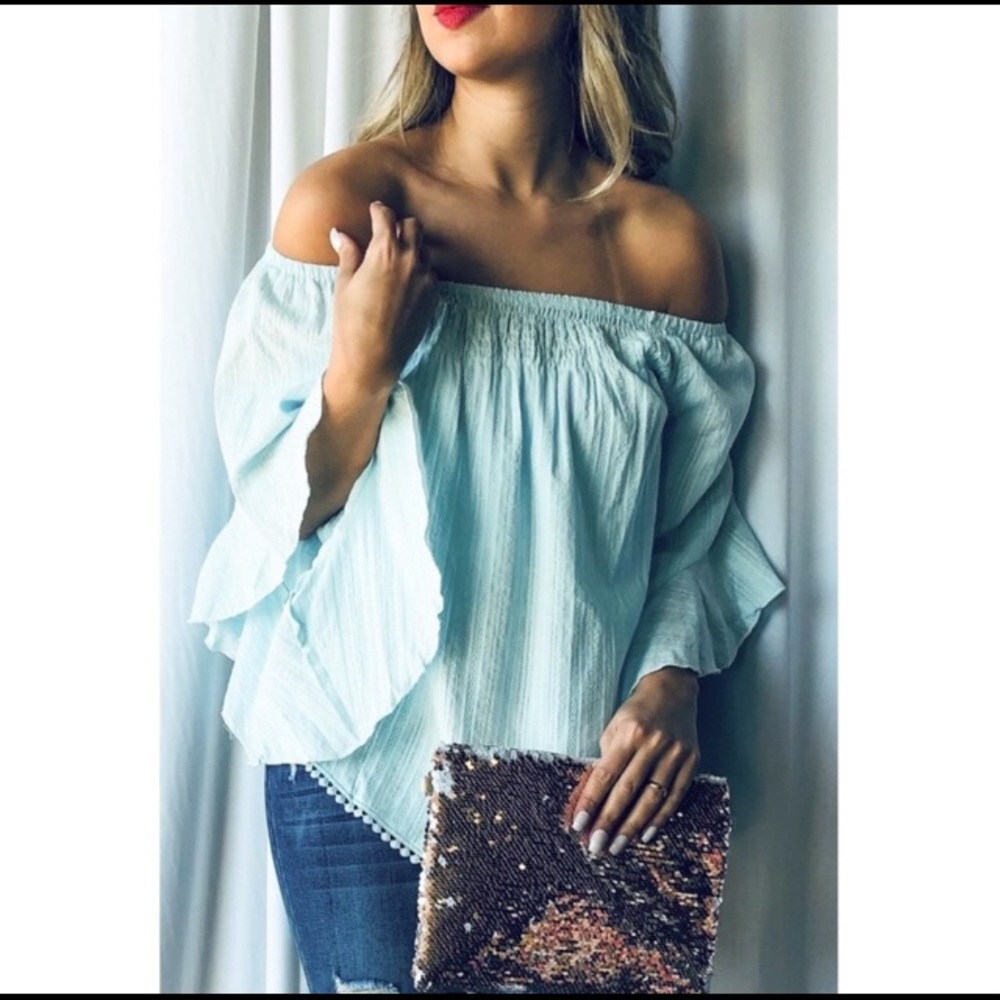 Off Shoulder Ruffle Sleeve Top Green Bell Sleeve